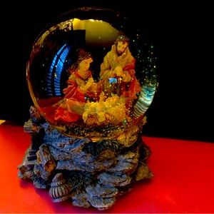 Kirkland Musical Snow Globe Nativity Scene with revolving base. VG